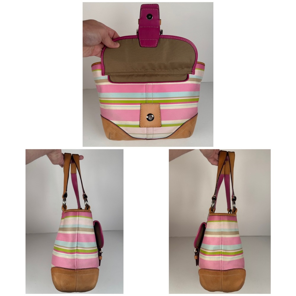 Coach Hampton Soho Buckle Multicolor Striped Twill Tote Bag Purse Vintage Y2K - Picture 4 of 8